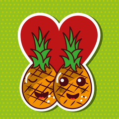 pair pineapple fruit kawaii cheerful love heart vector illustration