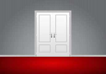 Realistic white double door close on gray wall red floor room perspective vector illustration.