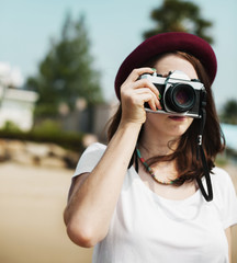 Girl Camera Photographer Focus Shooting Nature Concept