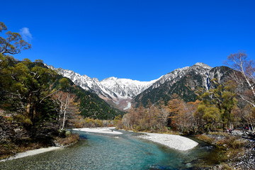 穂高連峰をバックに梓川の流れ