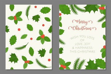 merry Christmas greeting card and mistletoe seamless pattern