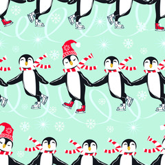 Funny Penguins Skating On Ice Seamless Pattern