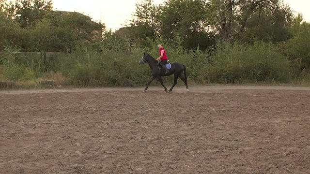 Girl riding a horse on an arena at sunset. Slow motion. Wide shot.