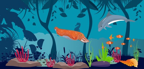 Underwater scene, sea animals, marine life, vector illustration