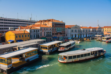 Fototapeta na wymiar Venice City of Italy. View on Grand Canal, Venetian Landscape with boats and gondolas and ferrys