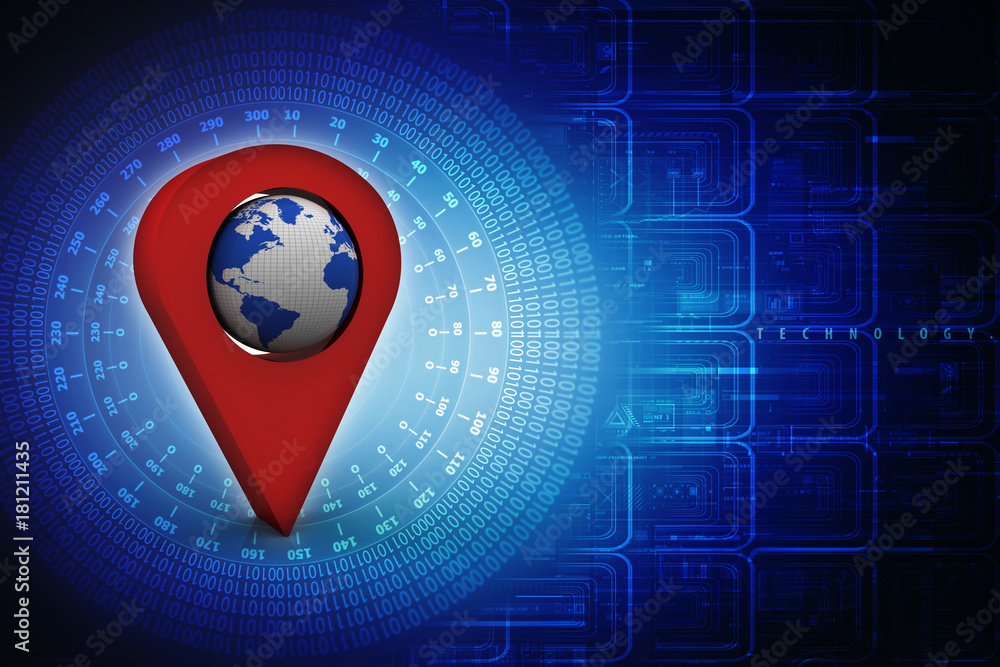 Poster 3d rendering red map pointer with world map