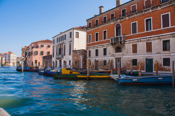 Fototapeta na wymiar Venice City of Italy. View on Grand Canal, Venetian Landscape with boats and gondolas