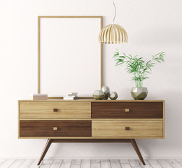 Interior with wooden sideboard and mock up frame 3d rendering