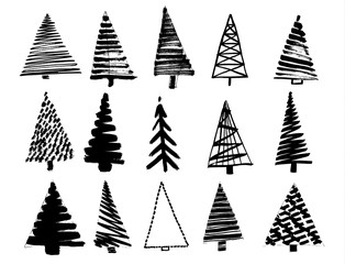 Christmas Tree Sketch Set Isolated on White Background.