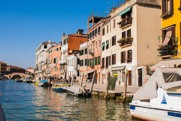 Fototapeta na wymiar Venice City of Italy. View on Grand Canal, Venetian Landscape with boats and gondolas