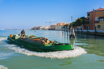 Venice City of Italy. View on technical ship vessel. Venetian Landscape with boat