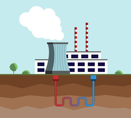 Geothermal energy concept. Eco friendly geothermal energy generation power plant. Green generating industry. Vector illustration.