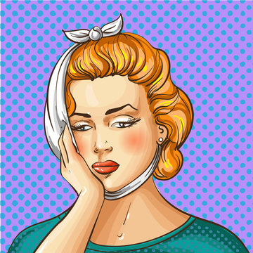 Vector Vintage Pop Art Illustration Of Woman Having Toothache