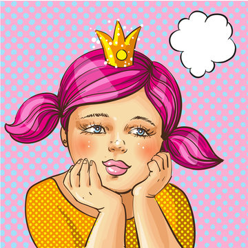 Vector pop art illustration of girl with gold crown on head