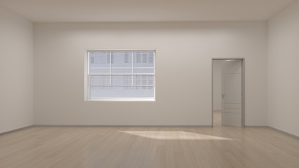 empty room modern space interior 3d rendering and sunlight on window in white room and open door