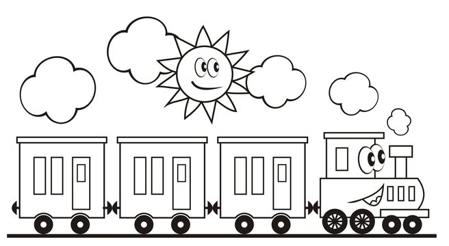 Train set, three wagons locomotive. Funny vector illustration. Train and sun. Locomotive with eyes and mouth. Coloring page for children.
