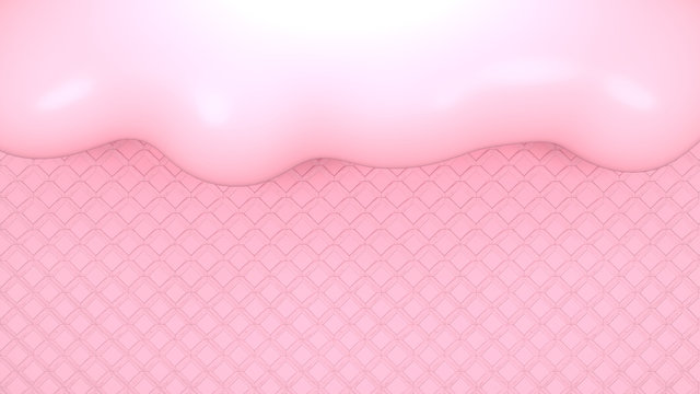 Strawberry ice cream melting on pink wafer background. 3d rendering picture.