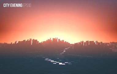 Abstract vector city sunset. Cityscape with for and sunlight