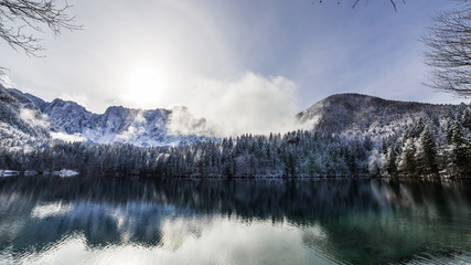 first snow at the mountain lake