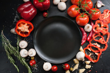food photography. organic vegetable assortment spices mix background. healthy vegetarian lifestyle concept