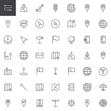 Map pointer, gps marker line icons set, outline vector symbol collection, linear style pictogram pack. Signs, logo illustration. Set includes icons as location, placeholder, route, navigation, pin