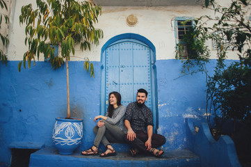 Loving couple in the Sahara Desert. Morocco.