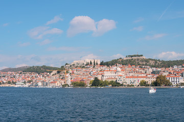 Fototapeta na wymiar Old town of Sibenik, Croatia. Waterfront view from the sea