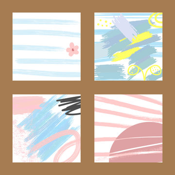Set of abstract trendy patterns. Brush strokes, sketch, watercolor, scribble. Blue, pink, yellow, purple, white.