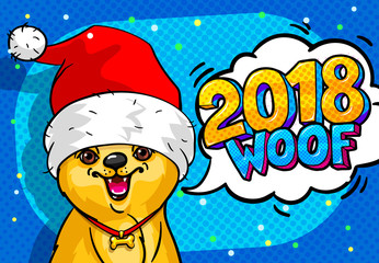 Dog in Santa Claus hat with open mouth and speech bubble.
