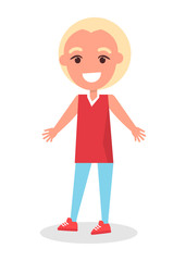 Smiling Blonde Boy in T-shirt and Trousers Vector