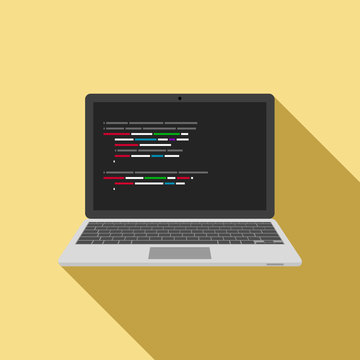 Laptop icon with code editor on screen. vector