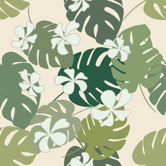Tropical seamless pattern with exotic palm leaves and tropical flower. Tropical monstera. Hawaiian style.  Vector illustration.