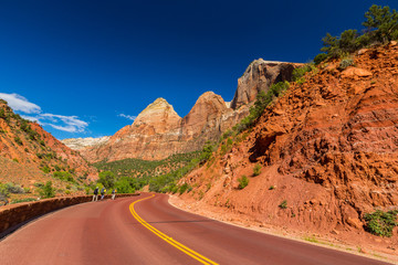 Bright scenery in Zion National Park, Utah, with deep blue skies and red rock formations