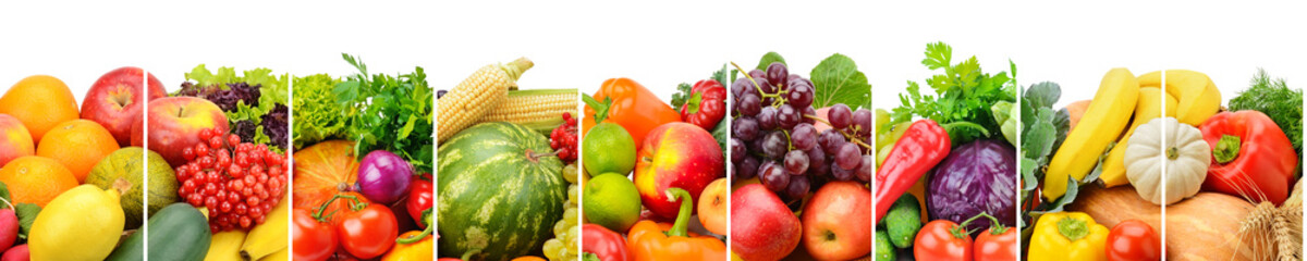 collection fresh fruits and vegetables isolated on white background. Wide photo with free space for...