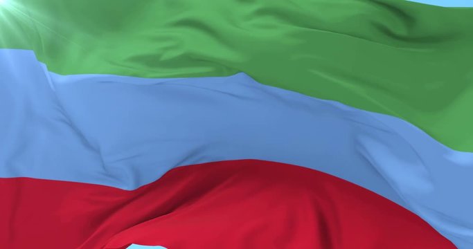 Flag of Dagestan waving at wind with blue sky in slow, loop