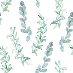 Watercolor seamless pattern witn eucalyptus branch. Hand drawn illustration. Floral background