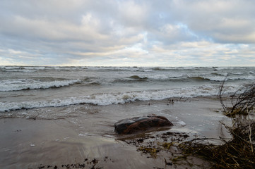 rocky sea beach with wide angle perspective