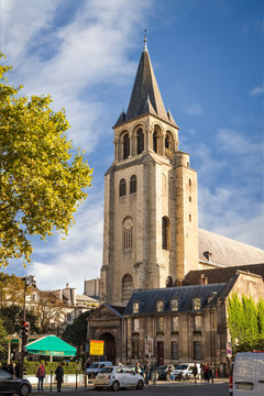 Paris, France - October 20, 2017: Sunny day view of Church St Germain des Pres. Unidentified people present on picture.