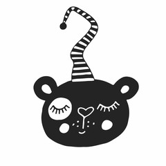 Cute hand drawn nursery poster with sleeping bear in scandinavian style. Vector illustration