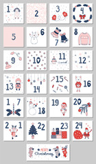 Hand drawn advent calendar with cute cartoon characters in winter clothes, Christmas tree, Santa Claus, presents, stockings, decorations, typography. Design concept for children. Vector illustration.