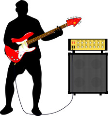 Obraz premium Gitarrist mit roter E-Gitarre und Verstärker