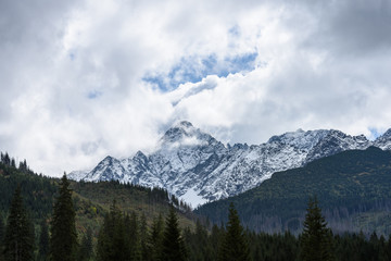 Obraz premium mountain tops in autumn covered in mist or clouds