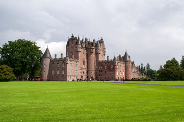 Glamis castle with a large garden in Scotland