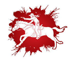Cowboy riding horse,aiming a gun designed on splatter blood background graphic vector