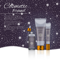 Vector 3D cosmetic illustration on a winter snowing background. Beauty realistic cosmetic product design template.