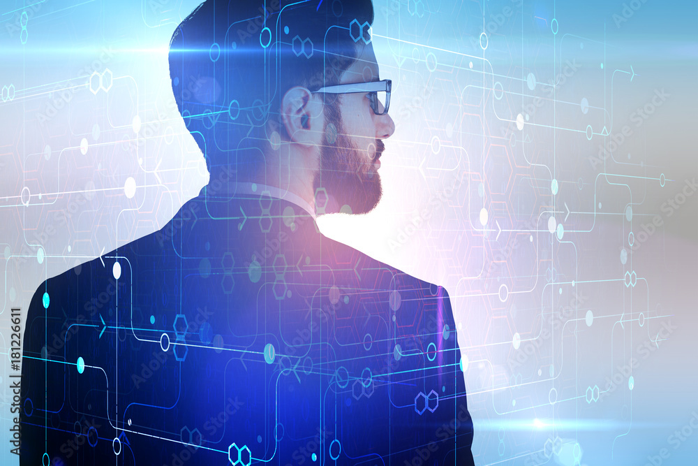 Aufkleber man on abstract tech background