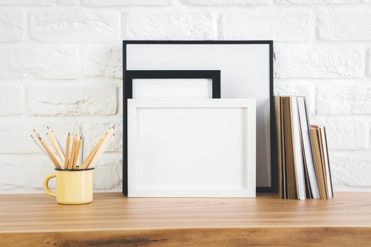 Desktop with picture frame and supplies