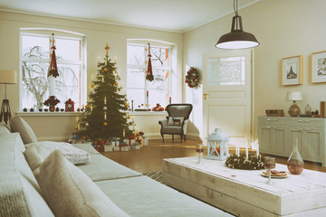 3d render of a nordic living room with christmas decoration and christmas tree - retro look