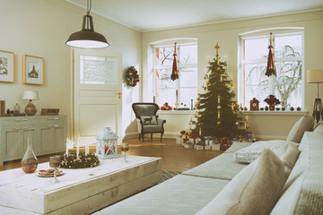 3d render of a nordic living room with christmas decoration and christmas tree - retro look