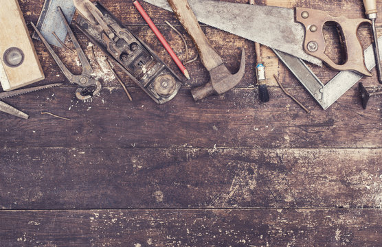 woodworks workshop table with retro tools